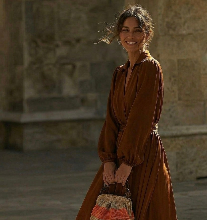 Bolso de mano- Modelo → Bolso artesanal de lino natural color naranja -  Maas Colors