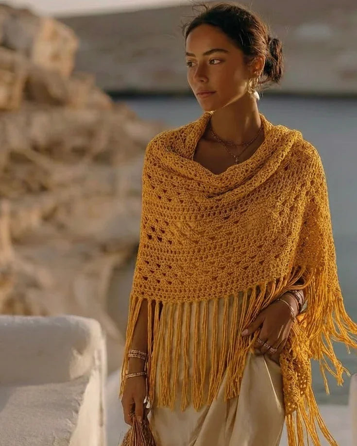 Chal color mostaza  de algodón orgánico tejido a mano en Barcelona de Maas Colors modelo 