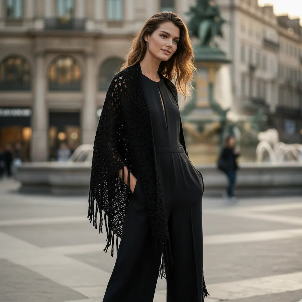 Chal de ganchillo color negro  de algodón orgánico tejido a mano en Barcelona de Maas Colors movimiento 