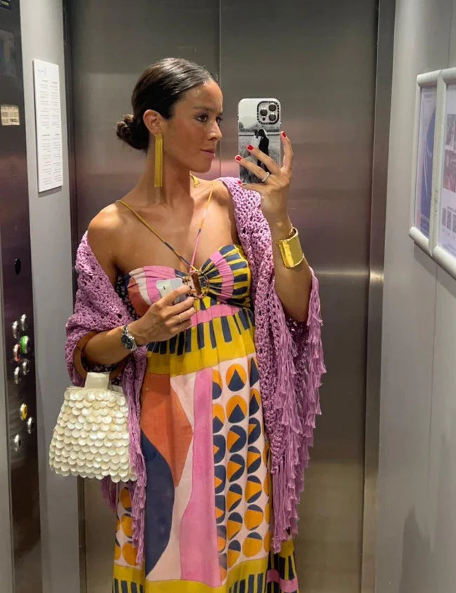 Chal de crochet color lila  de algodón orgánico tejido a mano en Barcelona de Maas Colors clienta 